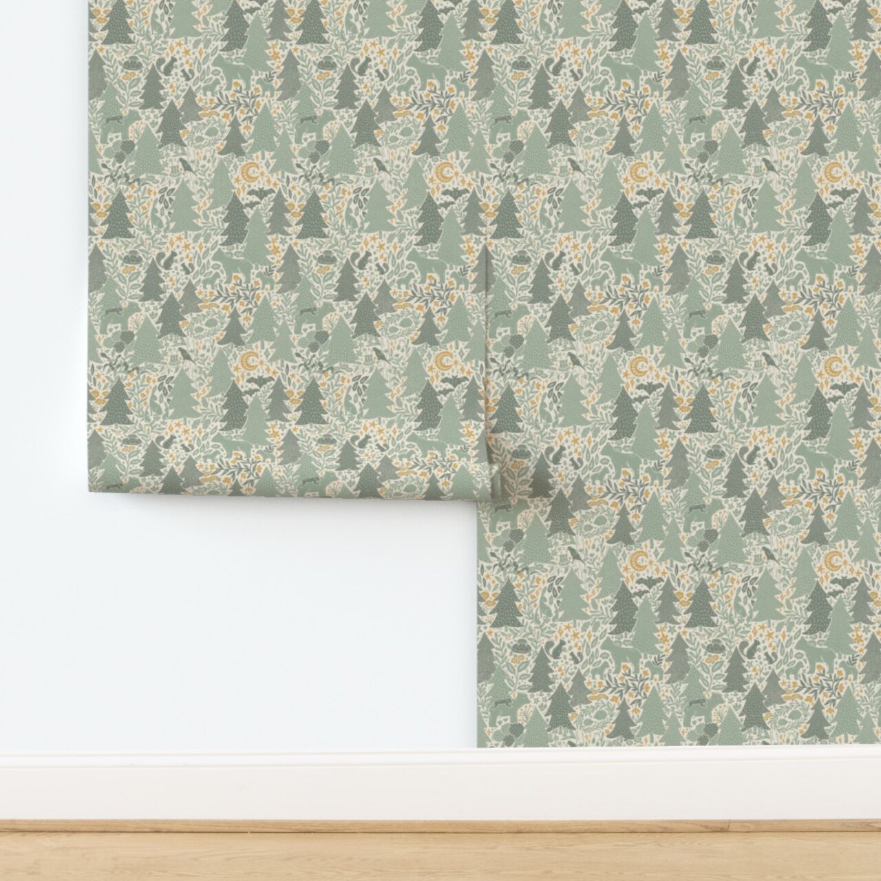 Woodland Babies Forest Animals Tan Green Gold Medium Sage Beige Custom Removable Wallpaper by Spoonflower Peel & Stick Wallpaper 2FT Wide 18032135